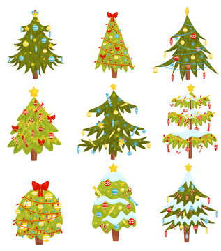 Flat vector set of Christmas trees with different decorations. Winter holidays theme