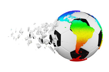 Crashed broken soccer ball with planet earth globe concept isolated on white background. Football ball with rainbow continents.