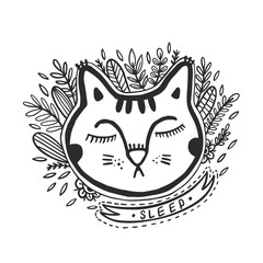 Happy cat drawing. Style drawing doodle. Mystic kitty art.