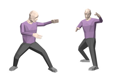 Kung fu	low poly man. Isolated on white background. 3d vector illustration. Different viewes.