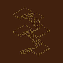 Staircase with platforms. Vector outline illustration. Isometric projection