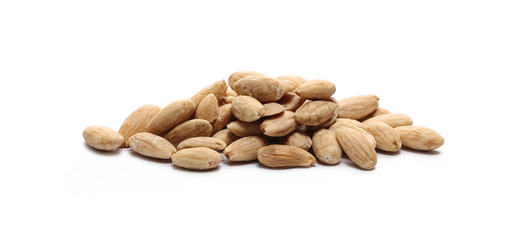 Blanched almonds, pile, isolated on white background