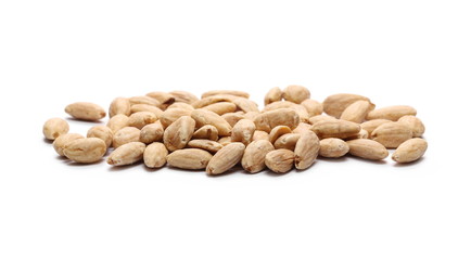 Fototapeta na wymiar Blanched almonds, pile, isolated on white background