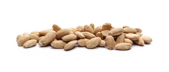 Blanched almonds, pile, isolated on white background