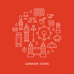 Various icons symbolizing England. line shape flat design style vector graphic illustration.