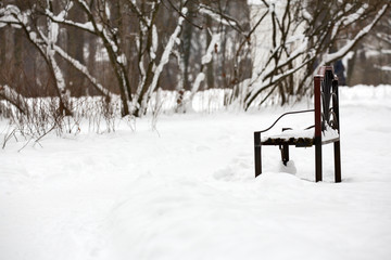 dark bench in winter snow park