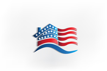 Logo house USA flag waving identity business id card icon