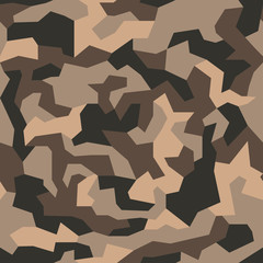 Military camo seamless pattern. Geometric camouflage backdrop in sand and desert brown color. Stock vector background.