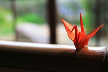 Origami crane which is placed on the window side of Japanese style houses