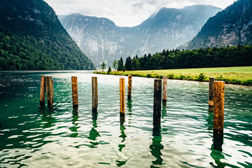 Scenic view of Konigssee in Bavaria a misty day