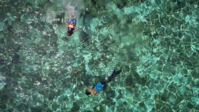 Aerial view of two people snorkeling with turtle in Panagsama Beach, Philippines.