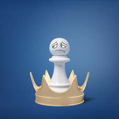 3d rendering of small white pawn with a sad drawn face stands in the center of a golden crown which is too big to wear.