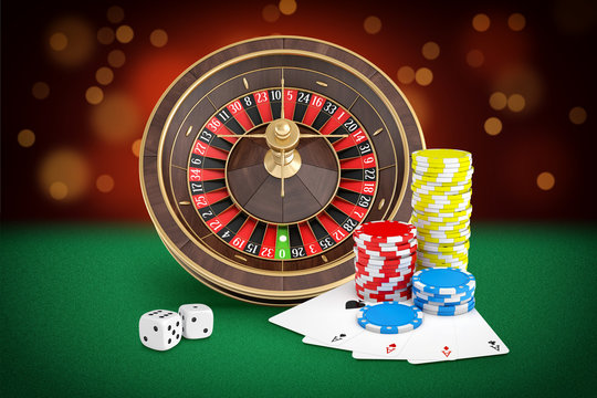 3d rendering of casino roulette stands on a green felt table with cards, dice and chips placed nearby.