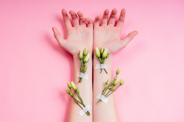 Obraz na płótnie Canvas Nude manicure.Natural freshness and youth girl hands ,hand cosmetics with white rose flower adhesive plaster .Fashion woman hand with flowers and leaves,herbal skin care pink background studio shot