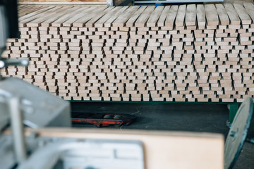 Wooden planks stacked in close up