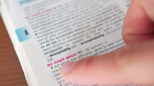 searching for and finding a word acceptance definition in a dictionary