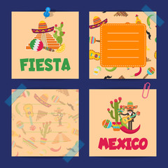 Vector flat Mexico attributes cute note cards of set illustration