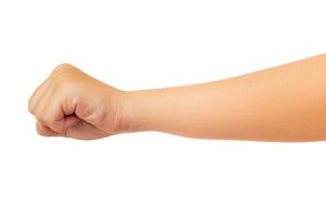 Human hand in fist, punch or griping gesture isolate on white background with clipping path, High resolution and low contrast for retouch or graphic design