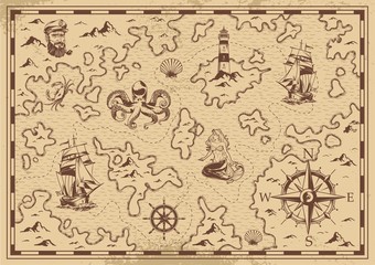 Fototapeta na wymiar Vintage monochrome old pirate treasure map