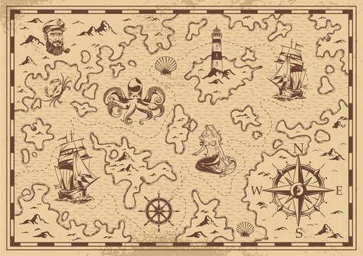 Vintage monochrome old pirate treasure map