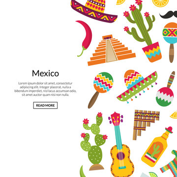 Vector flat Mexico attributes background with place for text illustration. Banner poster web page