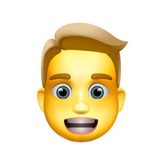 Man emoji icon, medium-light skin tone, blond hair, vector illustration.