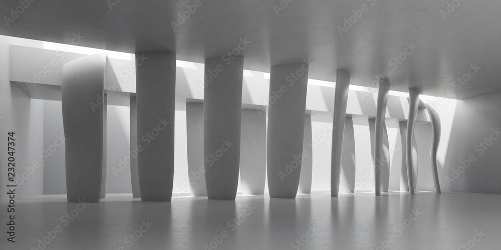 Aufkleber Abstract of concrete architecture space with rhythm of column and sun light cast shadow on the wall. 3D rendering