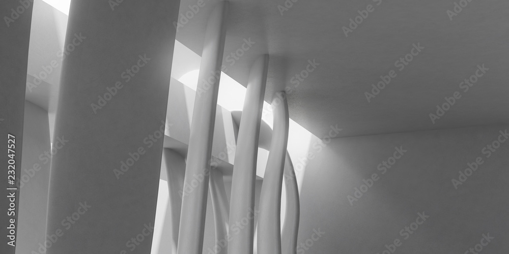 Poster Abstract of concrete architecture space with rhythm of column and sun light cast shadow on the wall. 3D rendering