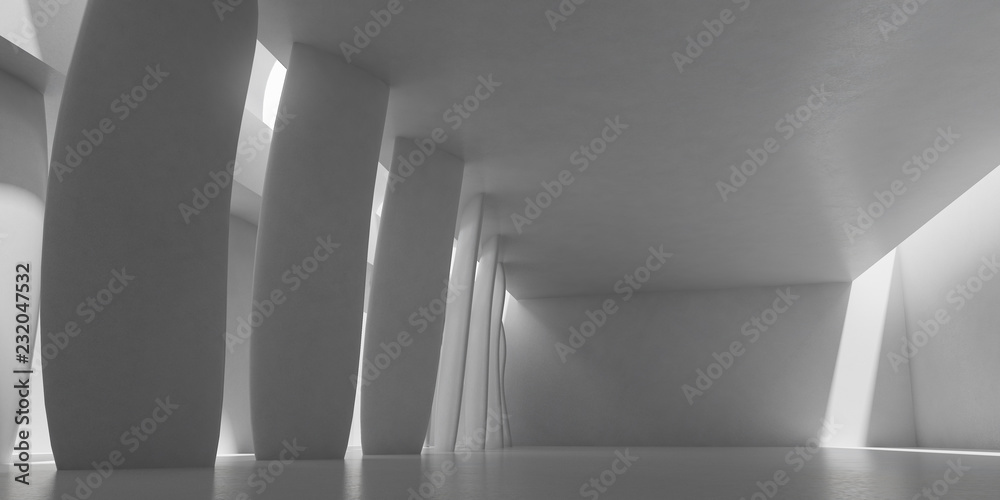 Poster Abstract of concrete architecture space with rhythm of column and sun light cast shadow on the wall. 3D rendering