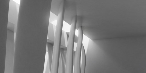 Abstract of concrete architecture space with rhythm of column and sun light cast shadow on the wall. 3D rendering