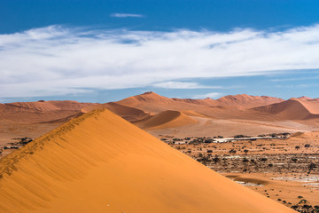 Fototapeta na wymiar Panoramic view of Sossusvlei dunes under blue sky from Big Daddy dune. Namib Naukluft national park, Namibia.