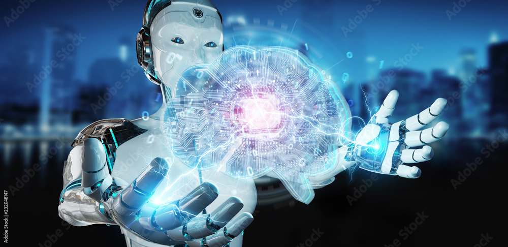 Poster robot creating artificial intelligence in a digital brain 3d rendering