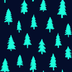 Seamless pattern with green trees isolated on black background. Doodle style grunge shapes.