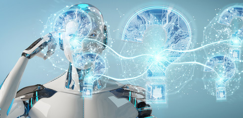 Cyborg solving problem with digital question marks 3D rendering