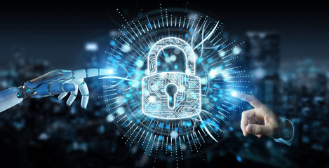 White cyborg hand protecting his datas with digital security hologram 3D rendering