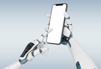 White robot hand holding smartphone mockup 3d rendering - obrazy, fototapety, plakaty