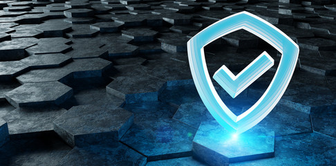 Black blue shield icon on hexagons background 3D rendering