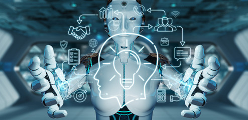 White humanoid creating artificial intelligence interface