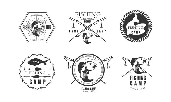 Fishing premium camp since 1965 logo design, wildlife, travel, adventure retro labels vector Illustration on a white background