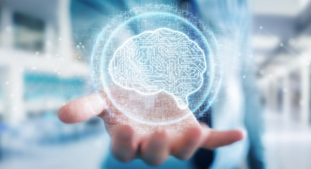 Businessman using digital artificial intelligence icon hologram 3D rendering