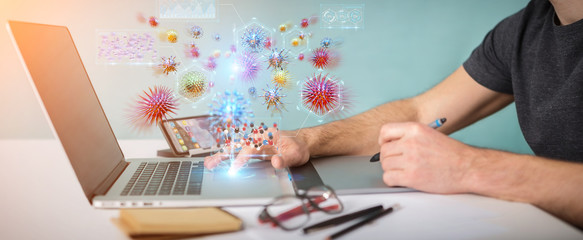 Graphic designer analyzing bacteria microscopic close-up 3D rendering