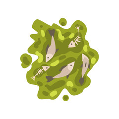 Dead fish floating in water polluted with toxic waste and chemicals, ecological disastrous problem, environmental pollution concept, vector Illustration on a white background
