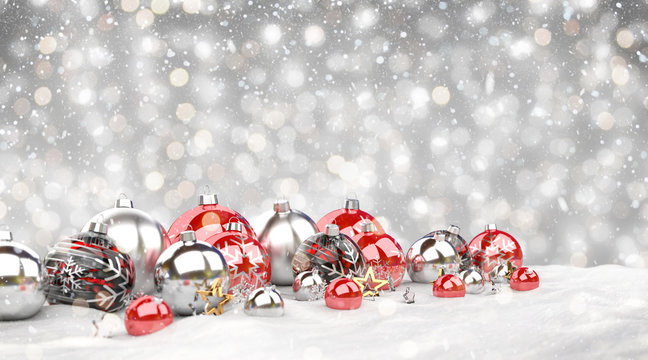 Red and silver christmas baubles isolated 3D rendering