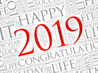 2019 year greeting word cloud collage, Happy New Year celebration greeting card