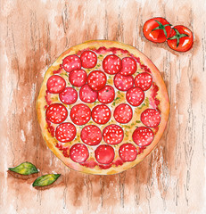 Watercolor pizza pepperoni with sausage and cheese on a wooden table. Illustration isolated on a white background. Sketch for pizzeria.