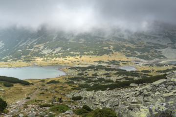 Amazing Landscape with fog over Musalenski lakes,  Rila mountain, Bulgaria