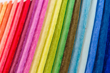 Colorful fabric samples close-up. Collection of fabric for decoration