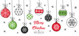 Merry Christmas greeting card red and green with modern baubles. Vector illustration. 