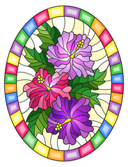Illustration in stained glass style flower of hibiscus on a yellow background in a bright frame,oval  image