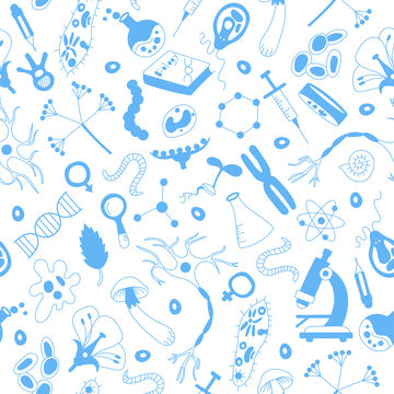 Seamless background with hand drawn icons on the theme of biology,blue silhouettes icons on a white  background